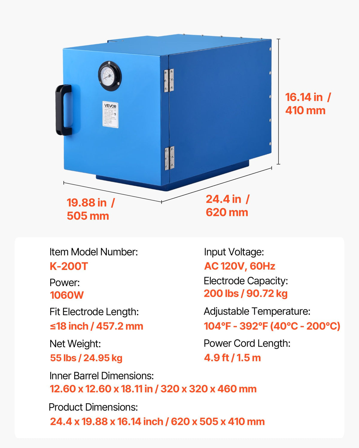 VEVOR Welding Rod Oven, 200LBS Capacity Countertop Electrodes Drying Oven 1060W 120V, 104°F - 392°F Adjustable Welding Rods Dryer for 18-inch Stick Electrode - with Locking Latch & Temperature Gauge - 200BFXTSDHTHIUKJQ001V9 - view 8