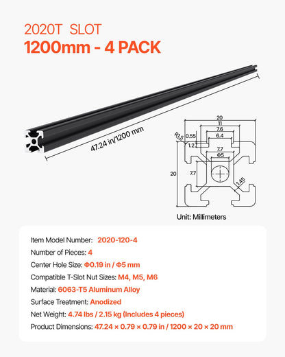 VEVOR 4PCS 47.2 in (1200mm) T Slot 2020 Aluminum Extrusion Profile, European Standard Anodized Linear Rail, High-Strength Extruded Aluminum Rail for 3D Printer, CNC Machine DIY, Laser Engraving, Black - 2020OBLXC4JZ2RFAO001V0 - view 8
