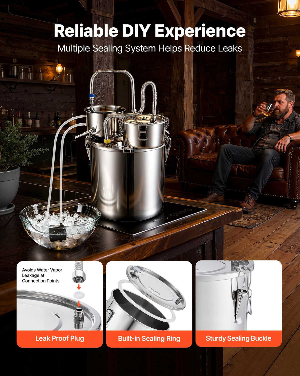 VEVOR Alcohol Still, 8 GAL/ 30L Alcohol Distiller with Thumper Keg, Dual-scale Thermometer, and Water Pump, Home Brewing Kit for DIY Whiskey Wine Brandy - 2025GHFTSZLQ2AYFN001V1 - view 6