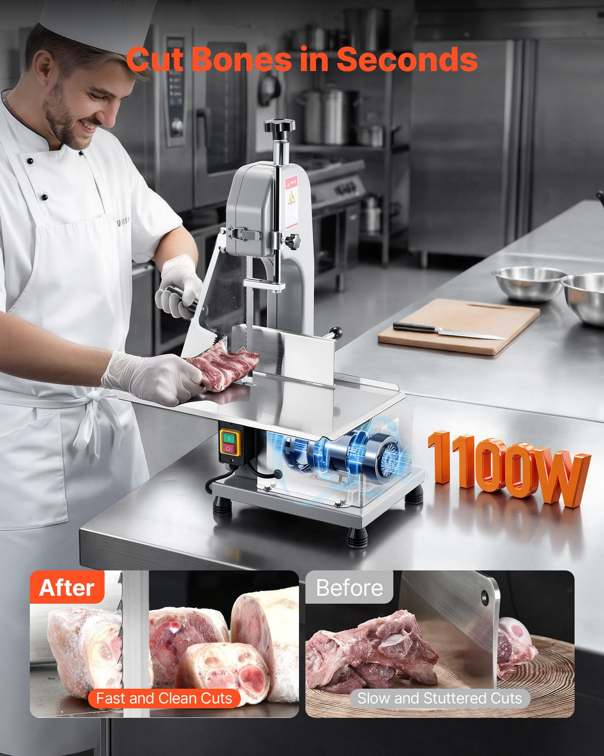 VEVOR Commercial Electric Meat Bandsaw, 1100W Bone Sawing Machine with 12.4" x 18.1" Workbench, 0-4.3" Cutting Thickness, 7 Extra Replacement Blades, for Cutting Bone, Frozen Meat, Pork, Beef & Ribs - 2025KGHTSJGJ9BRGW001V1 - view 3