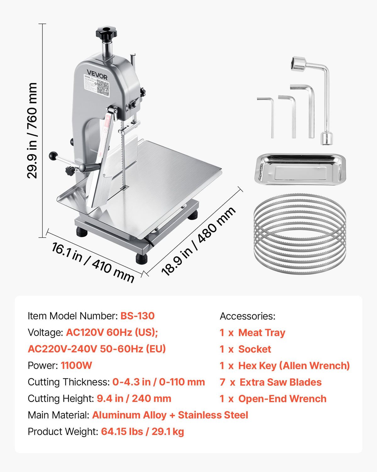 VEVOR Commercial Electric Meat Bandsaw, 1100W Bone Sawing Machine with 12.4" x 18.1" Workbench, 0-4.3" Cutting Thickness, 7 Extra Replacement Blades, for Cutting Bone, Frozen Meat, Pork, Beef & Ribs - 2025KGHTSJGJ9BRGW001V1 - view 8