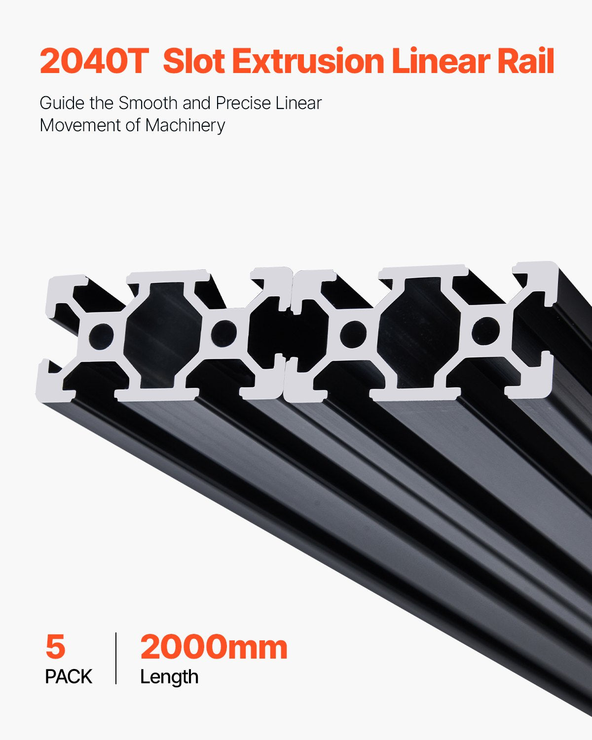 VEVOR 5PCS 78.7 in (2000mm) T Slot 2040 Aluminum Extrusion Profile, European Standard Anodized Linear Rail, High-Strength Extruded Aluminum Rail for 3D Printer, CNC Machine DIY, Laser Engraving, Black - 2040OBLXCDG54X3TM001V0 - view 3