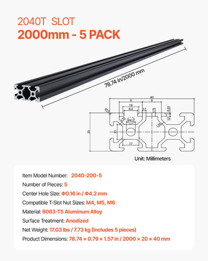 VEVOR 5PCS 78.7 in (2000mm) T Slot 2040 Aluminum Extrusion Profile, European Standard Anodized Linear Rail, High-Strength Extruded Aluminum Rail for 3D Printer, CNC Machine DIY, Laser Engraving, Black - 2040OBLXCDG54X3TM001V0 - view 8