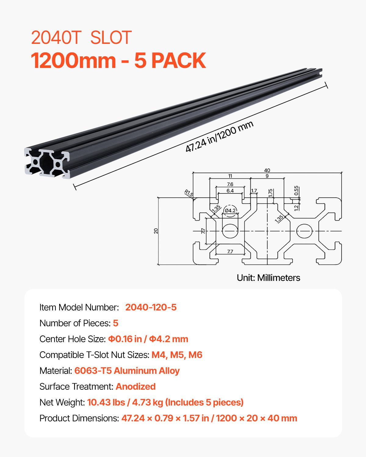 VEVOR 5PCS 47.2 in (1200mm) T Slot 2040 Aluminum Extrusion Profile, European Standard Anodized Linear Rail, High-Strength Extruded Aluminum Rail for 3D Printer, CNC Machine DIY, Laser Engraving, Black - 2040OBLXCDG5PC6JT001V0 - view 8