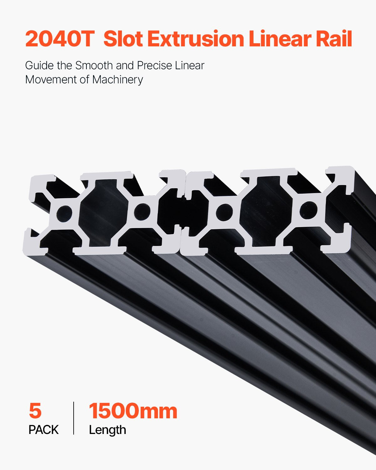 VEVOR 5PCS 59 in (1500 mm) T Slot 2040 Aluminum Extrusion Profile, European Standard Anodized Linear Rail, High-Strength Extruded Aluminum Rail for 3D Printer, CNC Machine DIY, Laser Engraving, Black - 2040OBLXCDG5Z6I67001V0 - view 3