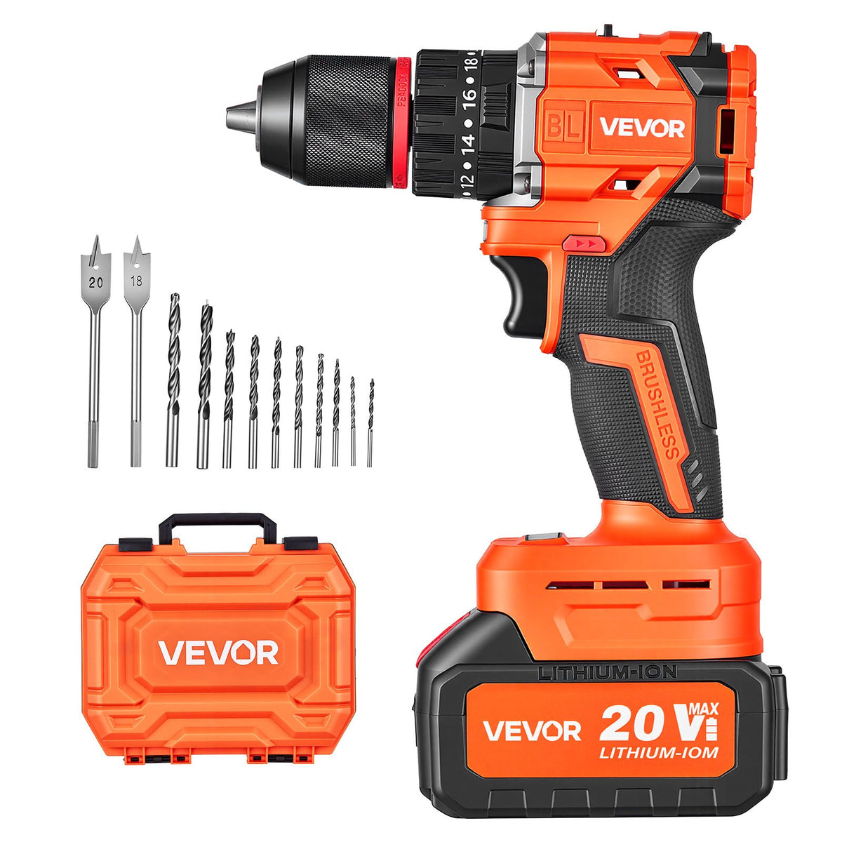 VEVOR Hammer Drill 20V 1/2 in 30000 IPM Brushless Cordless Impact Drill Kit, for Drilling Wood Metal Screw Driving, 4000 mAh Lithium-Ion Battery Pack and Charger, with All-Metal Chuck, Compact Design - 20VCJZDC20V4DH1C1001V1 - view 1