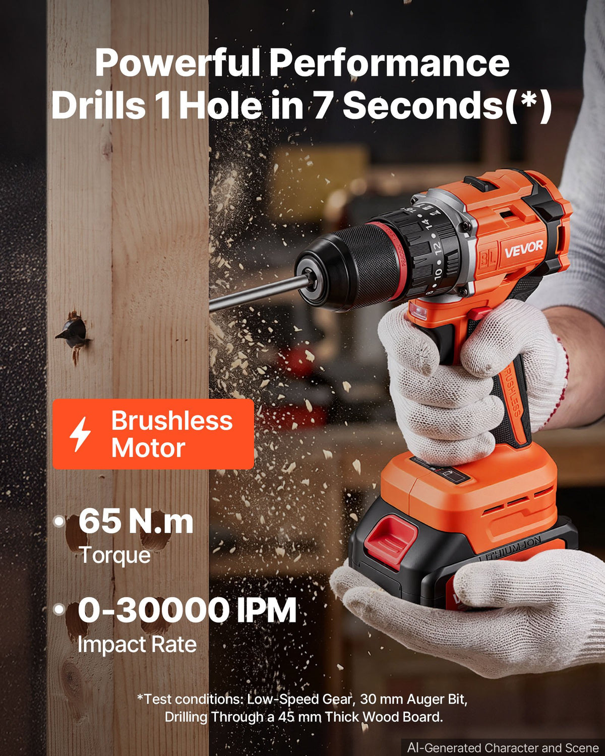 VEVOR Hammer Drill 20V 1/2 in 30000 IPM Brushless Cordless Impact Drill Kit, for Drilling Wood Metal Screw Driving, 4000 mAh Lithium-Ion Battery Pack and Charger, with All-Metal Chuck, Compact Design - 20VCJZDC20V4DH1C1001V1 - view 3