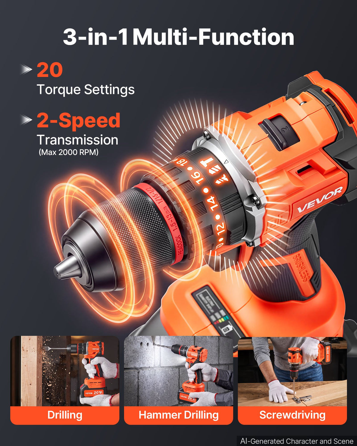 VEVOR Hammer Drill 20V 1/2 in 30000 IPM Brushless Cordless Impact Drill Kit, for Drilling Wood Metal Screw Driving, 4000 mAh Lithium-Ion Battery Pack and Charger, with All-Metal Chuck, Compact Design - 20VCJZDC20V4DH1C1001V1 - view 5