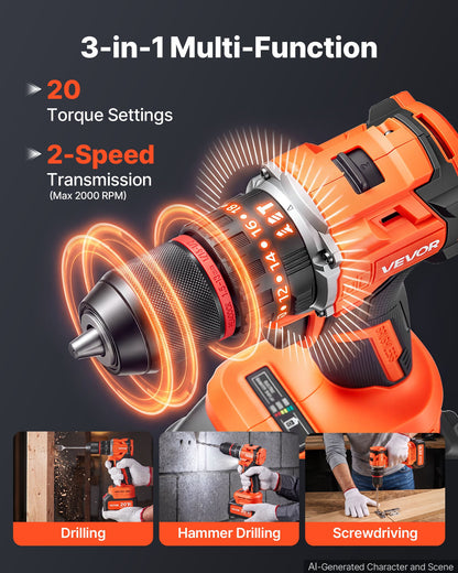 VEVOR Hammer Drill 20V 1/2 in 30000 IPM Brushless Cordless Impact Drill Kit, for Drilling Wood Metal Screw Driving, 4000 mAh Lithium-Ion Battery Pack and Charger, with All-Metal Chuck, Compact Design - 20VCJZDC20V4DH1C1001V1 - view 5