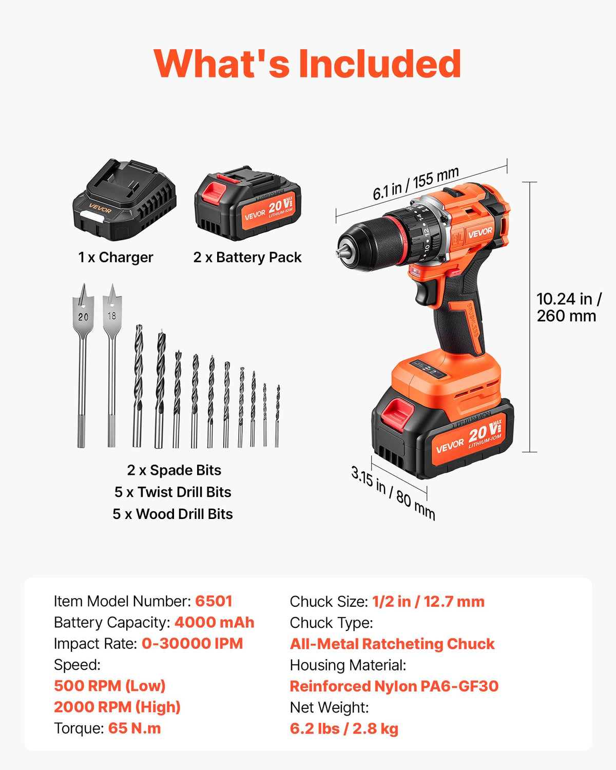 VEVOR Hammer Drill 20V 1/2 in 30000 IPM Brushless Cordless Impact Drill Kit, for Drilling Wood Metal Screw Driving, 4000 mAh Lithium-Ion Battery Pack and Charger, with All-Metal Chuck, Compact Design - 20VCJZDC20V4DH1C1001V1 - view 8