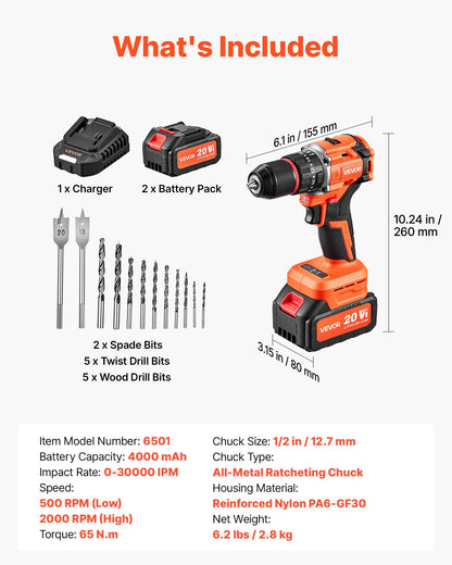 VEVOR Hammer Drill 20V 1/2 in 30000 IPM Brushless Cordless Impact Drill Kit, for Drilling Wood Metal Screw Driving, 4000 mAh Lithium-Ion Battery Pack and Charger, with All-Metal Chuck, Compact Design - 20VCJZDC20V4DH1C1001V1 - view 8