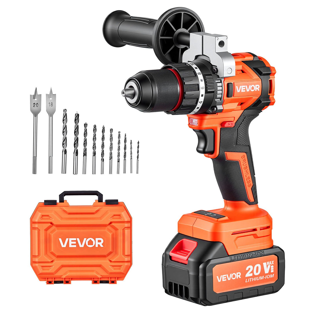 VEVOR Hammer Drill 20V 1/2 in 26000 IPM Brushless Cordless Impact Drill Kit, for Drilling Wood Metal Screw Driving, 4000 mAh Lithium-Ion Battery Pack and Charger, with All-Metal Chuck, Compact Design - 20VCJZDC20V4HIBL9001V1 - view 1