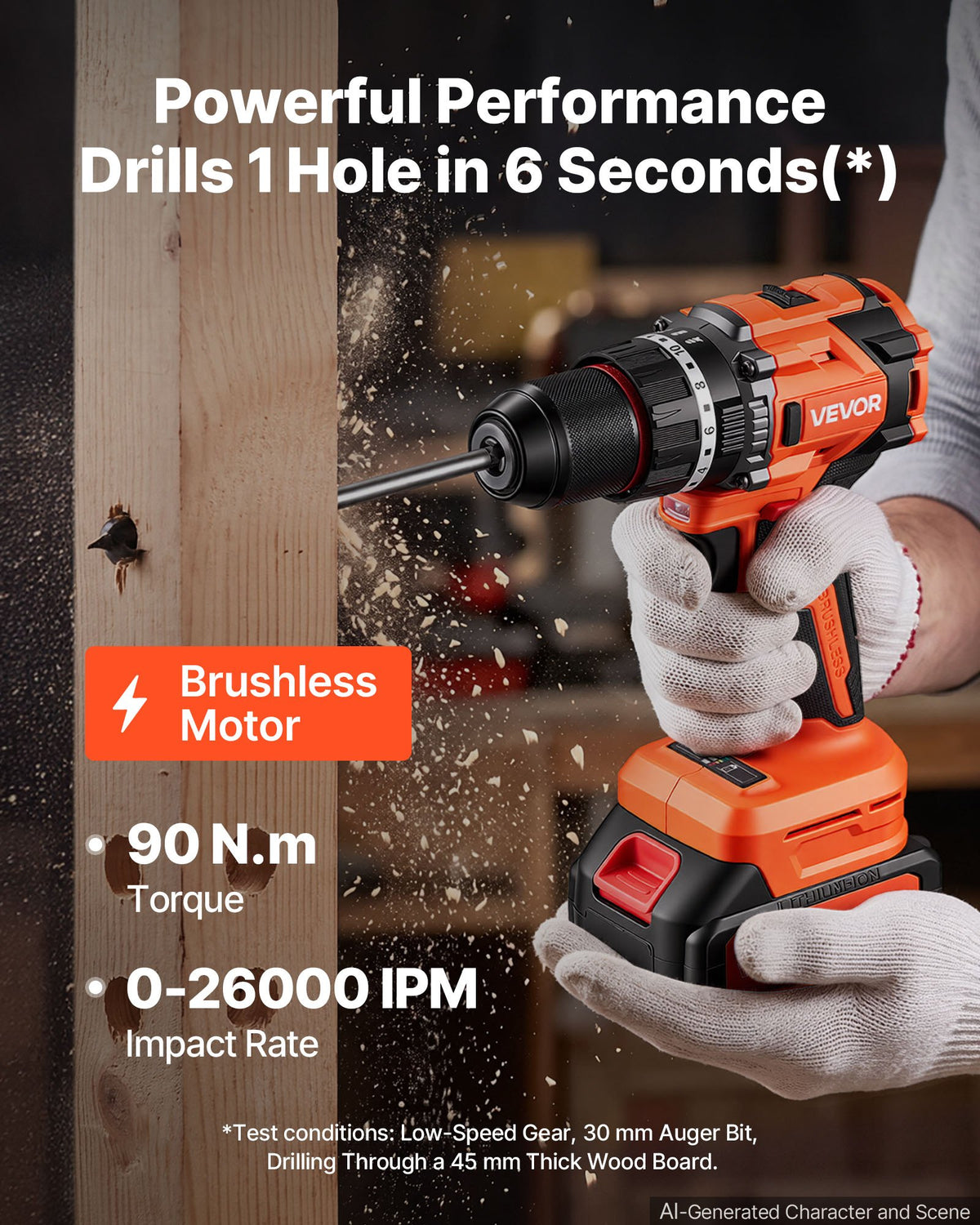 VEVOR Hammer Drill 20V 1/2 in 26000 IPM Brushless Cordless Impact Drill Kit, for Drilling Wood Metal Screw Driving, 4000 mAh Lithium-Ion Battery Pack and Charger, with All-Metal Chuck, Compact Design - 20VCJZDC20V4HIBL9001V1 - view 3
