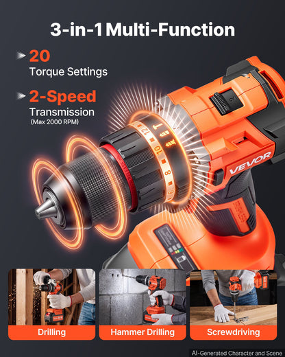 VEVOR Hammer Drill 20V 1/2 in 26000 IPM Brushless Cordless Impact Drill Kit, for Drilling Wood Metal Screw Driving, 4000 mAh Lithium-Ion Battery Pack and Charger, with All-Metal Chuck, Compact Design - 20VCJZDC20V4HIBL9001V1 - view 5