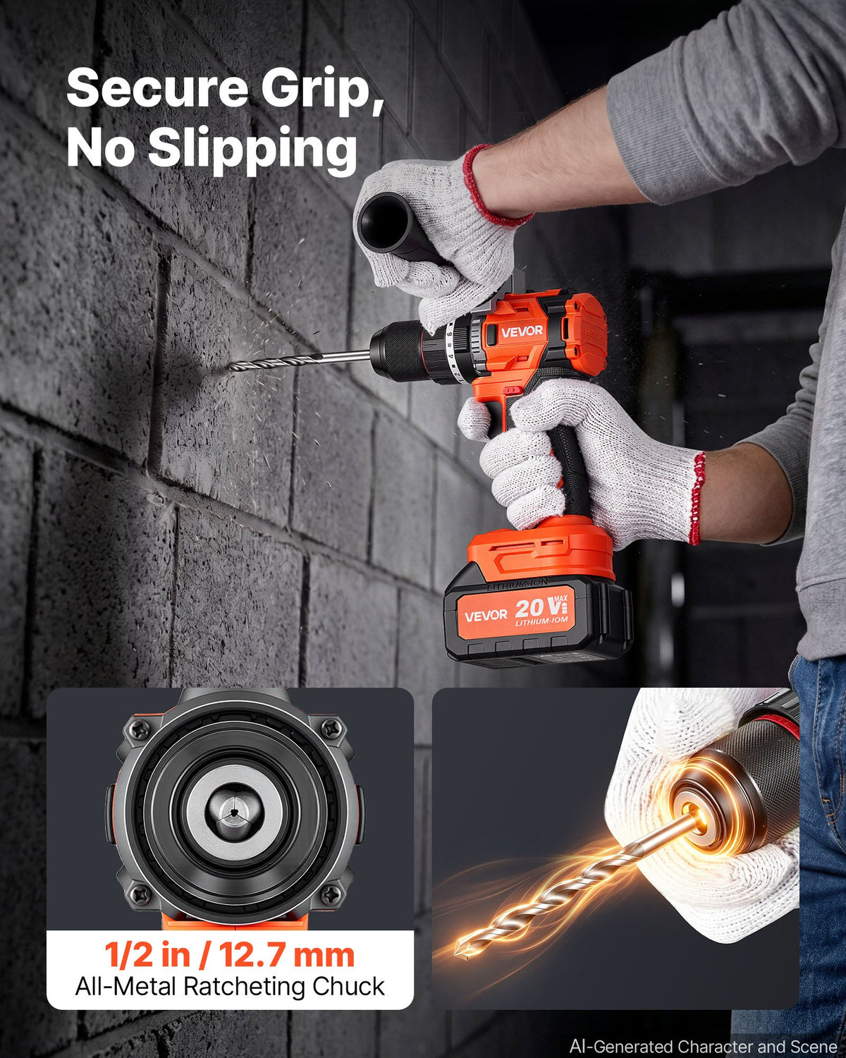 VEVOR Hammer Drill 20V 1/2 in 26000 IPM Brushless Cordless Impact Drill Kit, for Drilling Wood Metal Screw Driving, 4000 mAh Lithium-Ion Battery Pack and Charger, with All-Metal Chuck, Compact Design - 20VCJZDC20V4HIBL9001V1 - view 7