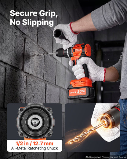 VEVOR Hammer Drill 20V 1/2 in 26000 IPM Brushless Cordless Impact Drill Kit, for Drilling Wood Metal Screw Driving, 4000 mAh Lithium-Ion Battery Pack and Charger, with All-Metal Chuck, Compact Design - 20VCJZDC20V4HIBL9001V1 - view 7