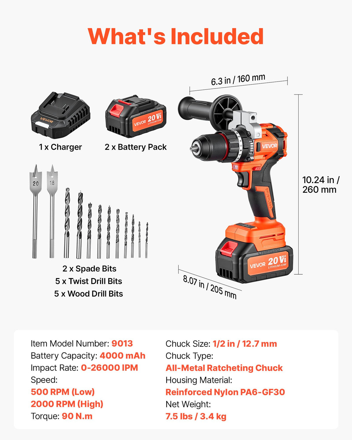 VEVOR Hammer Drill 20V 1/2 in 26000 IPM Brushless Cordless Impact Drill Kit, for Drilling Wood Metal Screw Driving, 4000 mAh Lithium-Ion Battery Pack and Charger, with All-Metal Chuck, Compact Design - 20VCJZDC20V4HIBL9001V1 - view 8