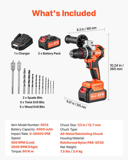 VEVOR Hammer Drill 20V 1/2 in 26000 IPM Brushless Cordless Impact Drill Kit, for Drilling Wood Metal Screw Driving, 4000 mAh Lithium-Ion Battery Pack and Charger, with All-Metal Chuck, Compact Design - 20VCJZDC20V4HIBL9001V1 - view 8