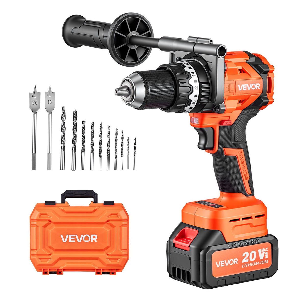 VEVOR Hammer Drill 20V 1/2 in 24000 IPM Brushless Cordless Impact Drill Kit, for Drilling Wood Metal Screw Driving, 4000 mAh Lithium-Ion Battery Pack and Charger, with All-Metal Chuck, Compact Design - 20VCJZDC20V4KFNIP001V1 - view 1