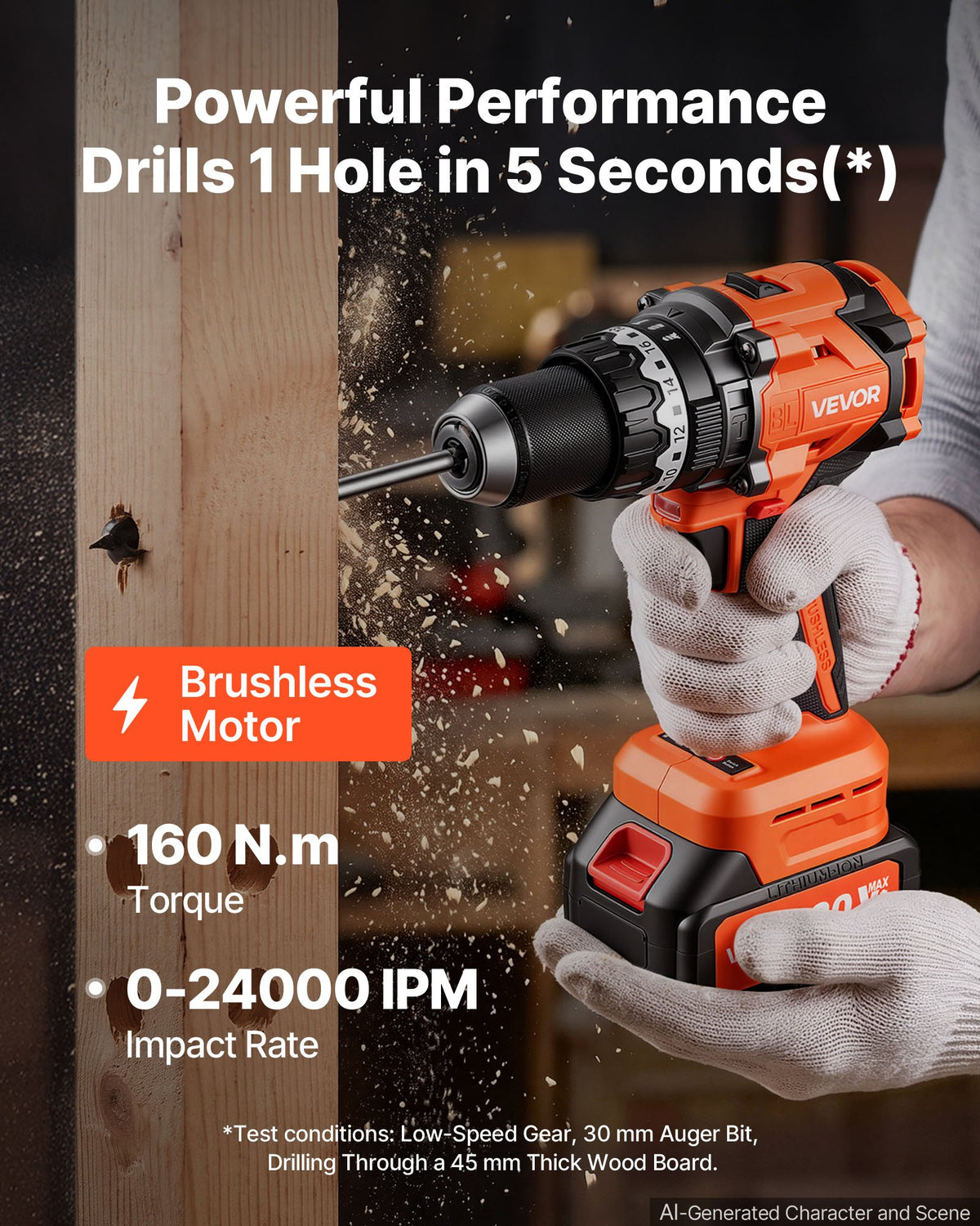VEVOR Hammer Drill 20V 1/2 in 24000 IPM Brushless Cordless Impact Drill Kit, for Drilling Wood Metal Screw Driving, 4000 mAh Lithium-Ion Battery Pack and Charger, with All-Metal Chuck, Compact Design - 20VCJZDC20V4KFNIP001V1 - view 3