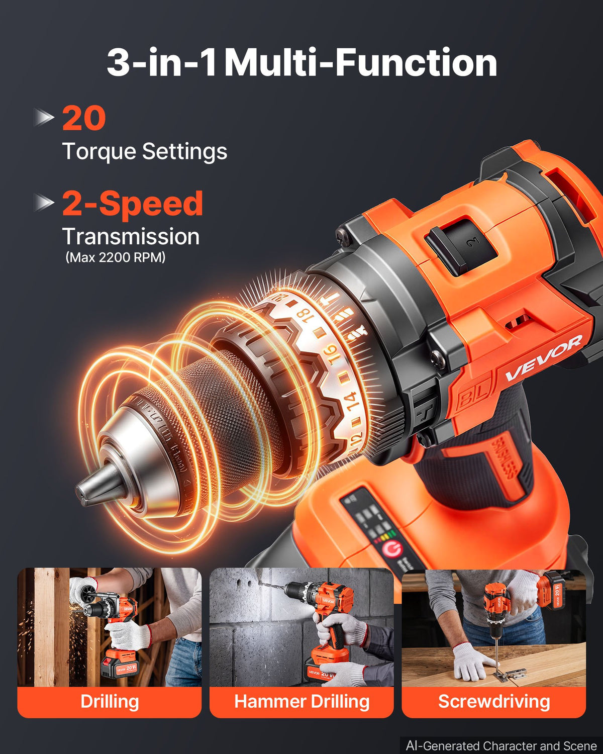 VEVOR Hammer Drill 20V 1/2 in 24000 IPM Brushless Cordless Impact Drill Kit, for Drilling Wood Metal Screw Driving, 4000 mAh Lithium-Ion Battery Pack and Charger, with All-Metal Chuck, Compact Design - 20VCJZDC20V4KFNIP001V1 - view 5