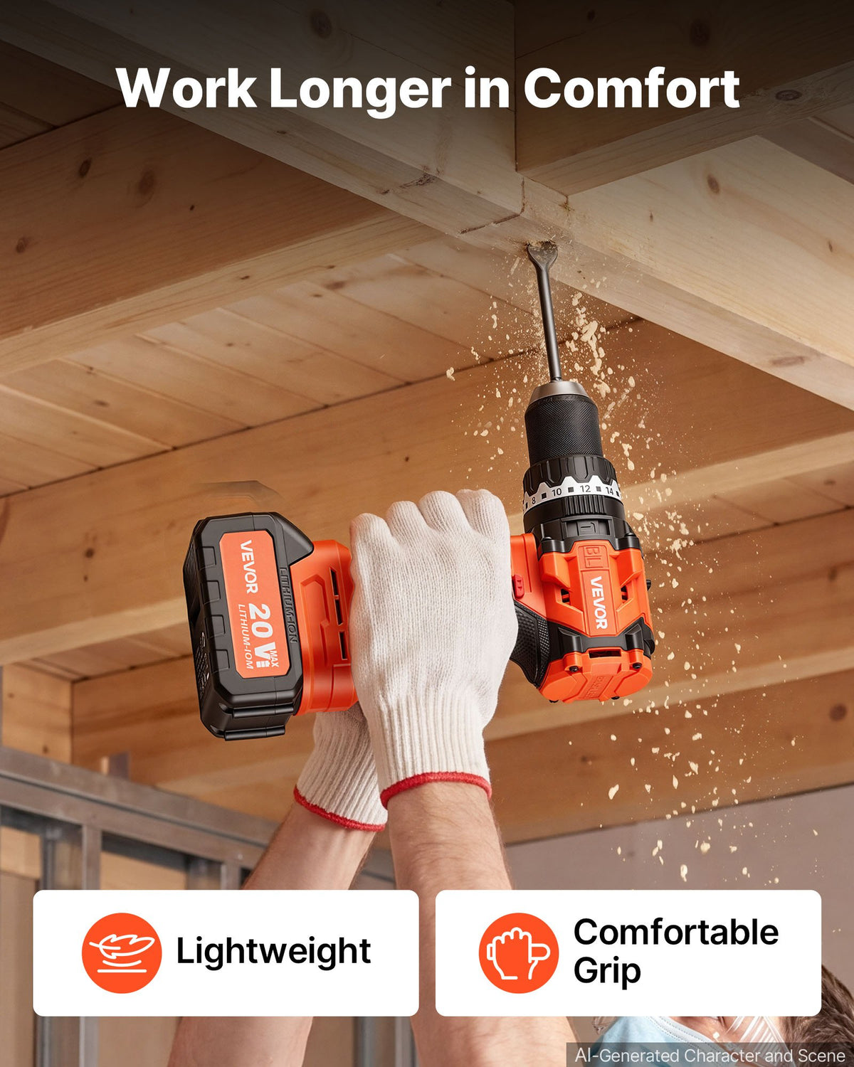 VEVOR Hammer Drill 20V 1/2 in 24000 IPM Brushless Cordless Impact Drill Kit, for Drilling Wood Metal Screw Driving, 4000 mAh Lithium-Ion Battery Pack and Charger, with All-Metal Chuck, Compact Design - 20VCJZDC20V4KFNIP001V1 - view 6
