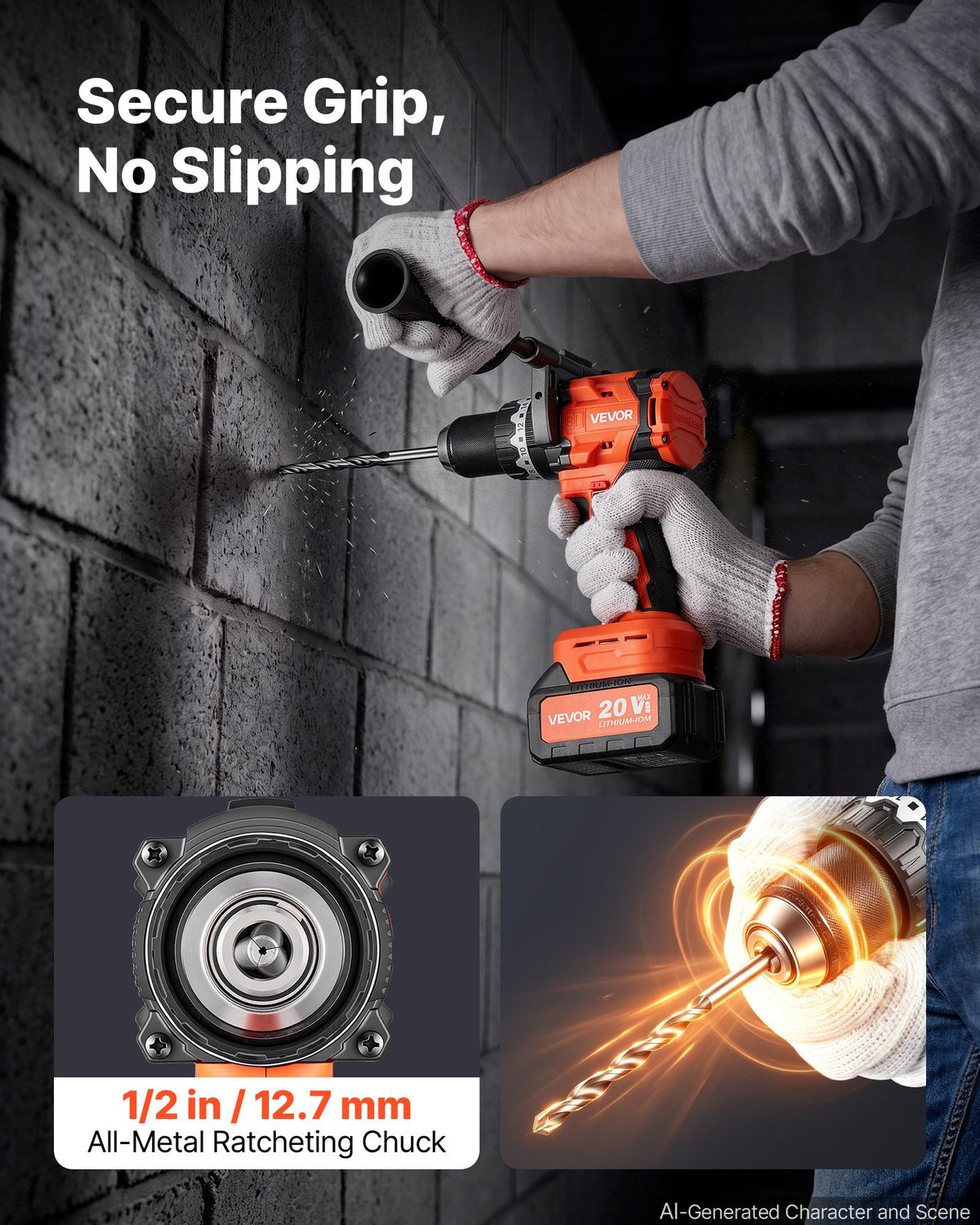 VEVOR Hammer Drill 20V 1/2 in 24000 IPM Brushless Cordless Impact Drill Kit, for Drilling Wood Metal Screw Driving, 4000 mAh Lithium-Ion Battery Pack and Charger, with All-Metal Chuck, Compact Design - 20VCJZDC20V4KFNIP001V1 - view 7