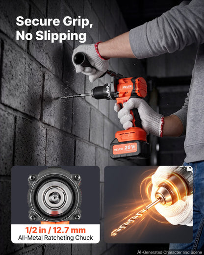 VEVOR Hammer Drill 20V 1/2 in 24000 IPM Brushless Cordless Impact Drill Kit, for Drilling Wood Metal Screw Driving, 4000 mAh Lithium-Ion Battery Pack and Charger, with All-Metal Chuck, Compact Design - 20VCJZDC20V4KFNIP001V1 - view 7