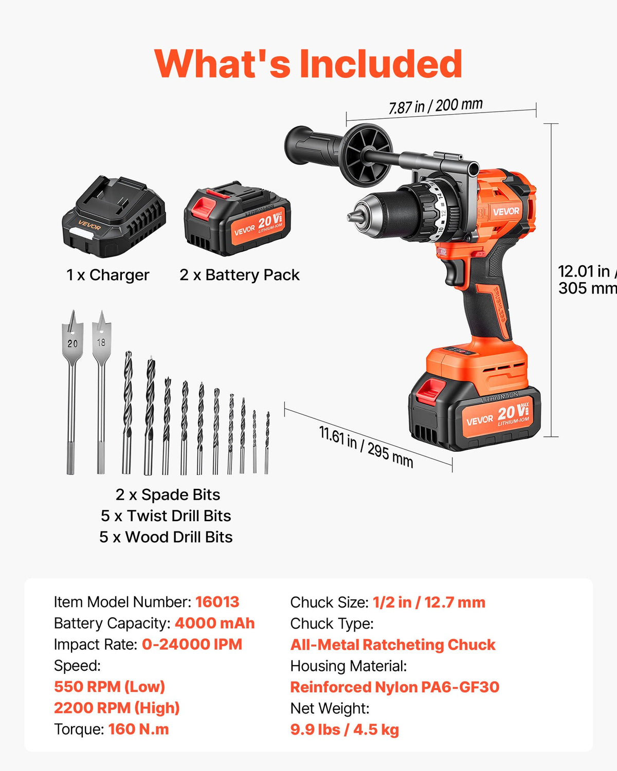VEVOR Hammer Drill 20V 1/2 in 24000 IPM Brushless Cordless Impact Drill Kit, for Drilling Wood Metal Screw Driving, 4000 mAh Lithium-Ion Battery Pack and Charger, with All-Metal Chuck, Compact Design - 20VCJZDC20V4KFNIP001V1 - view 8