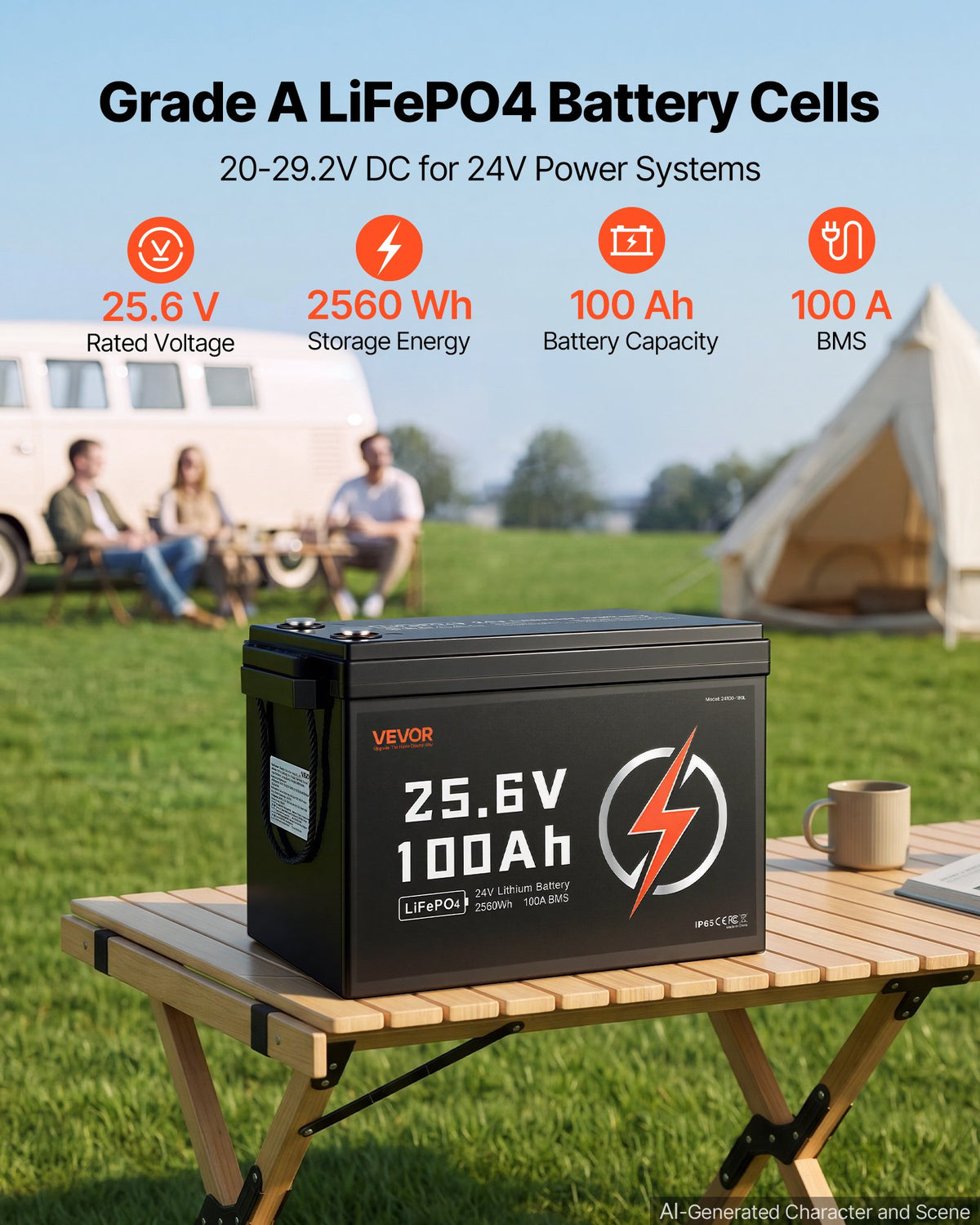 VEVOR 24V 100Ah LiFePO4 Lithium Battery 4000+ Cycles Built-in 100A BMS, Lithium Battery with Low Temperature Protection, Supports 8P2S Connection, 2560Wh Energy, for RV, Trolling Motor, Marine, Solar - 24VLDCWLY1009AS2T001V9 - view 3