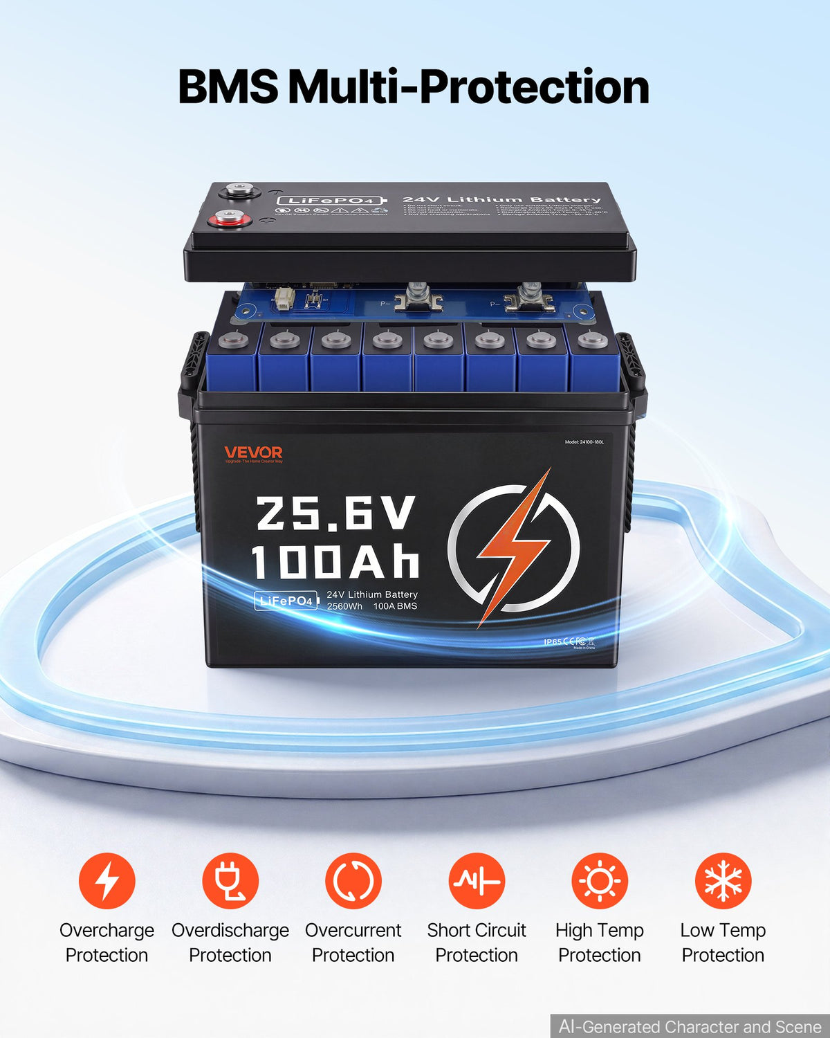 VEVOR 24V 100Ah LiFePO4 Lithium Battery 4000+ Cycles Built-in 100A BMS, Lithium Battery with Low Temperature Protection, Supports 8P2S Connection, 2560Wh Energy, for RV, Trolling Motor, Marine, Solar - 24VLDCWLY1009AS2T001V9 - view 6