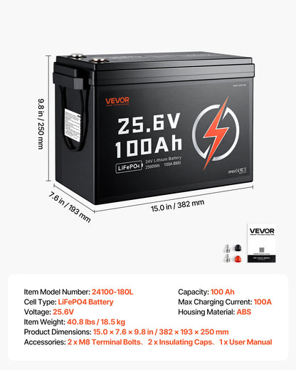 VEVOR 24V 100Ah LiFePO4 Lithium Battery 4000+ Cycles Built-in 100A BMS, Lithium Battery with Low Temperature Protection, Supports 8P2S Connection, 2560Wh Energy, for RV, Trolling Motor, Marine, Solar - 24VLDCWLY1009AS2T001V9 - view 7