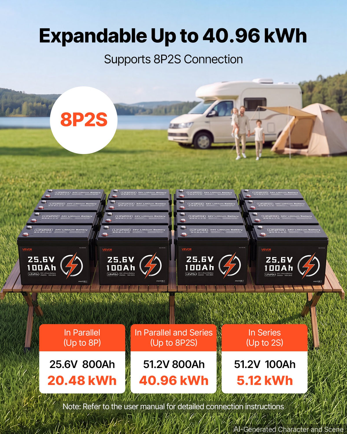 VEVOR 24V 100Ah LiFePO4 Lithium Battery 4000+ Cycles Built-in 100A BMS, Lithium Battery with Low Temperature Protection, Supports 8P2S Connection, 2560Wh Energy, for RV, Trolling Motor, Marine, Solar - 24VLDCWLY1009AS2T001V9 - view 8