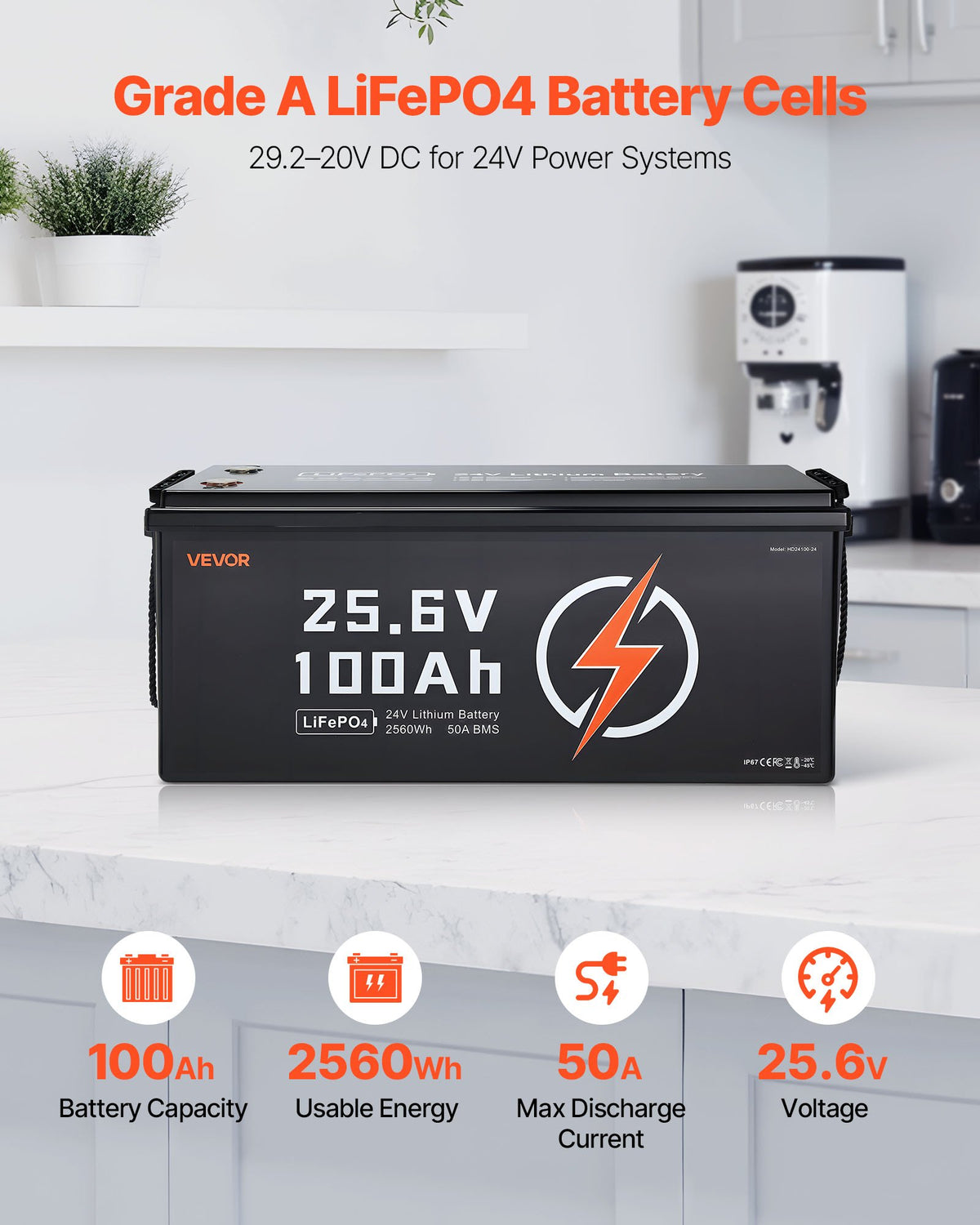 VEVOR 24V 100Ah LiFePO4 Lithium Battery, Built-in 50A BMS, Deep Cycle Lithium Rechargeable Battery with Low Temperature Protection, 4000+ Cycles, Max. 2560Wh, for RV, Camper, Trolling Motors, Marine - 24VLDCWLY100UUNC8001V9 - view 3