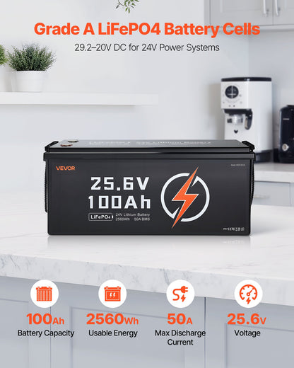 VEVOR 24V 100Ah LiFePO4 Lithium Battery, Built-in 50A BMS, Deep Cycle Lithium Rechargeable Battery with Low Temperature Protection, 4000+ Cycles, Max. 2560Wh, for RV, Camper, Trolling Motors, Marine - 24VLDCWLY100UUNC8001V9 - view 3