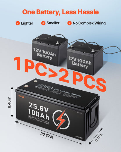 VEVOR 24V 100Ah LiFePO4 Lithium Battery, Built-in 50A BMS, Deep Cycle Lithium Rechargeable Battery with Low Temperature Protection, 4000+ Cycles, Max. 2560Wh, for RV, Camper, Trolling Motors, Marine - 24VLDCWLY100UUNC8001V9 - view 6