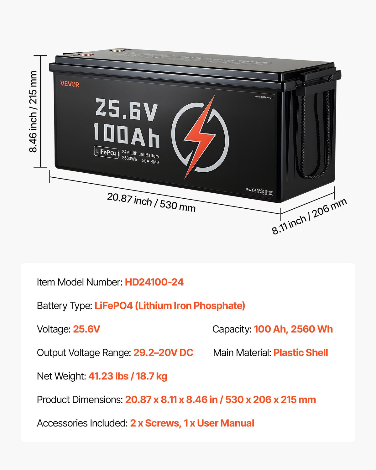 VEVOR 24V 100Ah LiFePO4 Lithium Battery, Built-in 50A BMS, Deep Cycle Lithium Rechargeable Battery with Low Temperature Protection, 4000+ Cycles, Max. 2560Wh, for RV, Camper, Trolling Motors, Marine - 24VLDCWLY100UUNC8001V9 - view 8