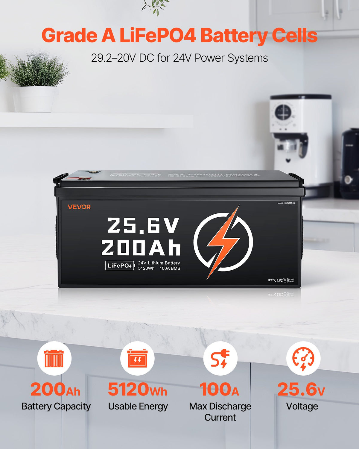VEVOR 24V 200Ah LiFePO4 Lithium Battery, Built-in 100A BMS, Deep Cycle Lithium Rechargeable Battery with Low Temperature Protection, 4000+ Cycles, Max. 5120Wh, for RV, Camper, Trolling Motors, Marine - 24VLDCWLY200I7L0M001V9 - view 3