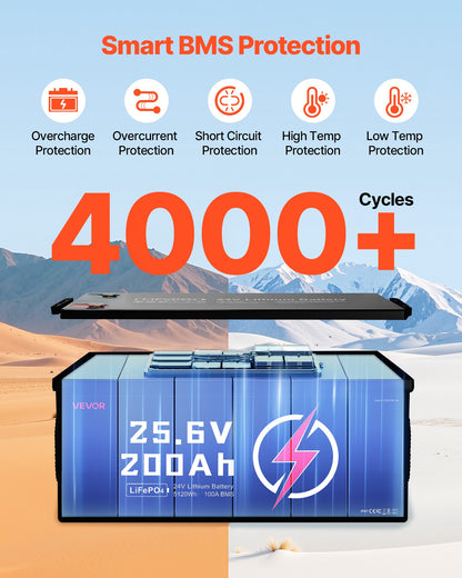 VEVOR 24V 200Ah LiFePO4 Lithium Battery, Built-in 100A BMS, Deep Cycle Lithium Rechargeable Battery with Low Temperature Protection, 4000+ Cycles, Max. 5120Wh, for RV, Camper, Trolling Motors, Marine - 24VLDCWLY200I7L0M001V9 - view 5