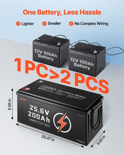 VEVOR 24V 200Ah LiFePO4 Lithium Battery, Built-in 100A BMS, Deep Cycle Lithium Rechargeable Battery with Low Temperature Protection, 4000+ Cycles, Max. 5120Wh, for RV, Camper, Trolling Motors, Marine - 24VLDCWLY200I7L0M001V9 - view 6