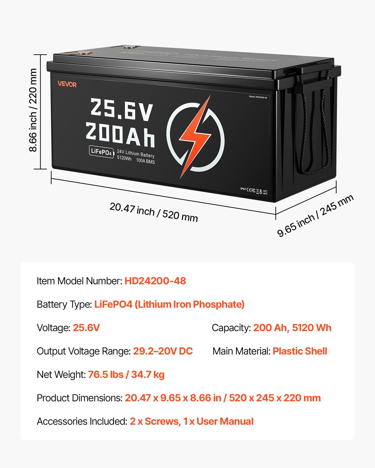VEVOR 24V 200Ah LiFePO4 Lithium Battery, Built-in 100A BMS, Deep Cycle Lithium Rechargeable Battery with Low Temperature Protection, 4000+ Cycles, Max. 5120Wh, for RV, Camper, Trolling Motors, Marine - 24VLDCWLY200I7L0M001V9 - view 8