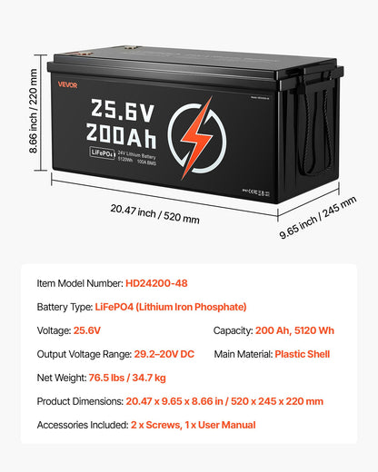 VEVOR 24V 200Ah LiFePO4 Lithium Battery, Built-in 100A BMS, Deep Cycle Lithium Rechargeable Battery with Low Temperature Protection, 4000+ Cycles, Max. 5120Wh, for RV, Camper, Trolling Motors, Marine - 24VLDCWLY200I7L0M001V9 - view 8