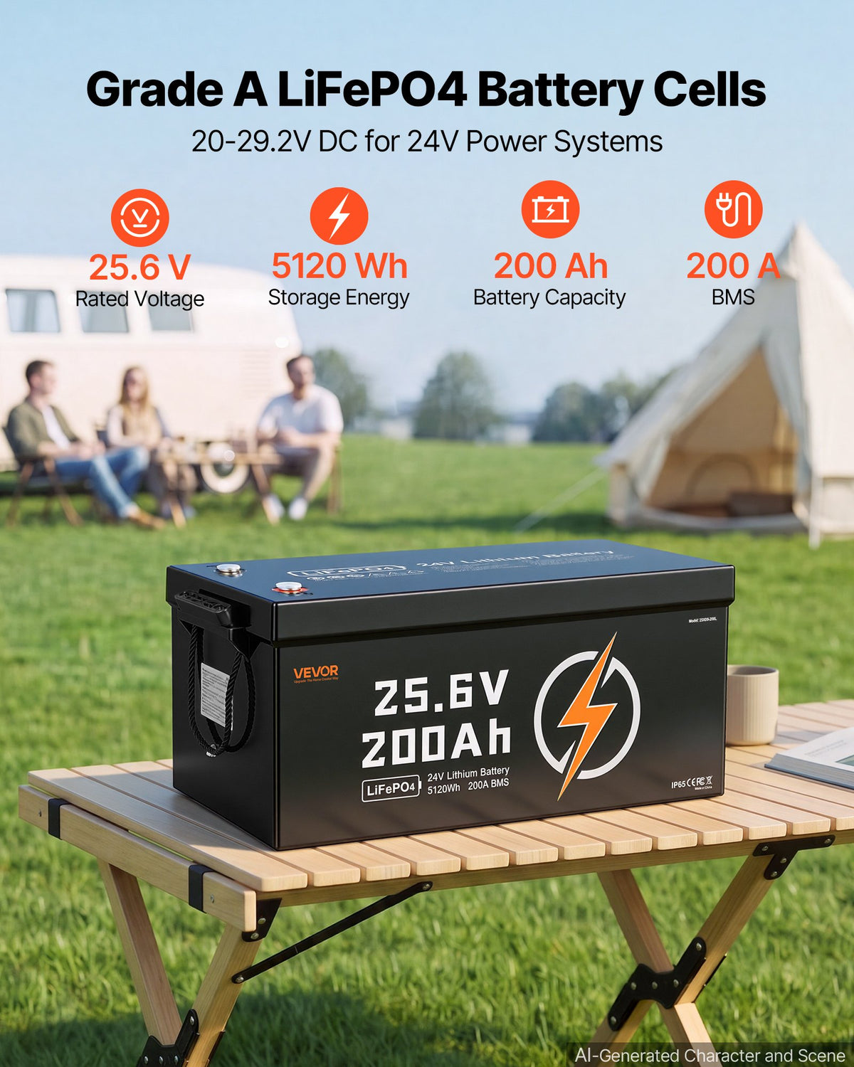 VEVOR 24V 200Ah LiFePO4 Lithium Battery 4000+ Cycles Built-in 200A BMS, Lithium Battery with Low Temperature Protection, Supports 8P2S Connection, 5120Wh Energy, for RV, Trolling Motor, Marine, Solar - 24VLDCWLY200PFWHW001V9 - view 3