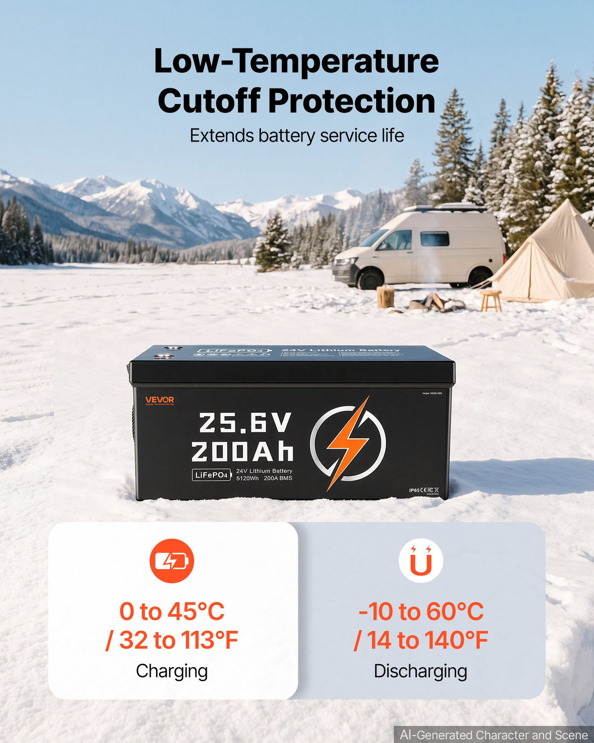 VEVOR 24V 200Ah LiFePO4 Lithium Battery 4000+ Cycles Built-in 200A BMS, Lithium Battery with Low Temperature Protection, Supports 8P2S Connection, 5120Wh Energy, for RV, Trolling Motor, Marine, Solar - 24VLDCWLY200PFWHW001V9 - view 4