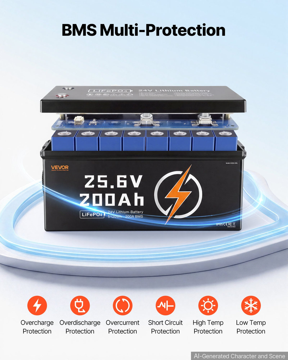 VEVOR 24V 200Ah LiFePO4 Lithium Battery 4000+ Cycles Built-in 200A BMS, Lithium Battery with Low Temperature Protection, Supports 8P2S Connection, 5120Wh Energy, for RV, Trolling Motor, Marine, Solar - 24VLDCWLY200PFWHW001V9 - view 6