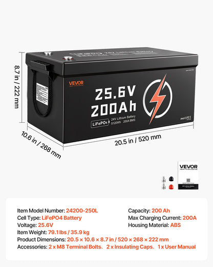 VEVOR 24V 200Ah LiFePO4 Lithium Battery 4000+ Cycles Built-in 200A BMS, Lithium Battery with Low Temperature Protection, Supports 8P2S Connection, 5120Wh Energy, for RV, Trolling Motor, Marine, Solar - 24VLDCWLY200PFWHW001V9 - view 7