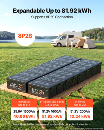 VEVOR 24V 200Ah LiFePO4 Lithium Battery 4000+ Cycles Built-in 200A BMS, Lithium Battery with Low Temperature Protection, Supports 8P2S Connection, 5120Wh Energy, for RV, Trolling Motor, Marine, Solar - 24VLDCWLY200PFWHW001V9 - view 8