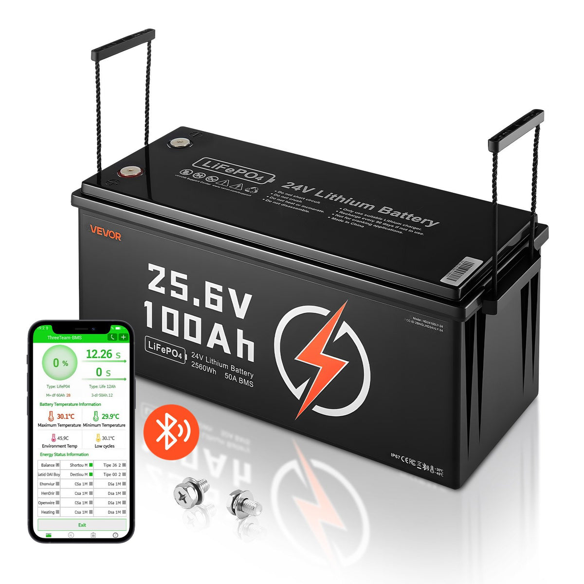 VEVOR 24V 100Ah LiFePO4 Lithium Battery, Bluetooth, Deep Cycle Lithium Rechargeable Battery, Built-in 50A BMS, Low Temp Protection, 4000+ Cycles, Max. 2560Wh, for RV, Camper, Trolling Motors, Marine - 24VLDCYLY100E6TQ3001V9 - view 1