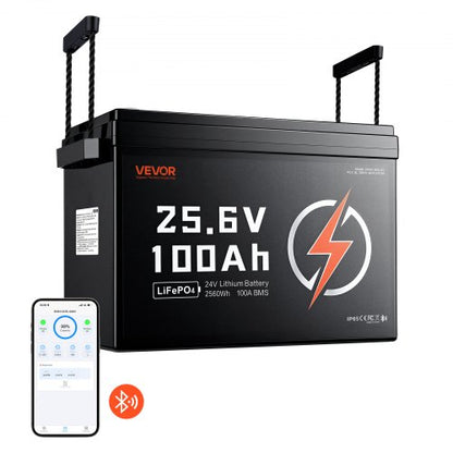 VEVOR 24V 100Ah LiFePO4 Lithium Battery 4000+ Cycles 100A BMS with Bluetooth, 2560Wh Lithium Battery with Low Temperature Protection, Supports 8P2S Connection, for RV, Trolling Motor, Marine, Solar - 24VLDCYLY100MEMJ6001V9 - view 2