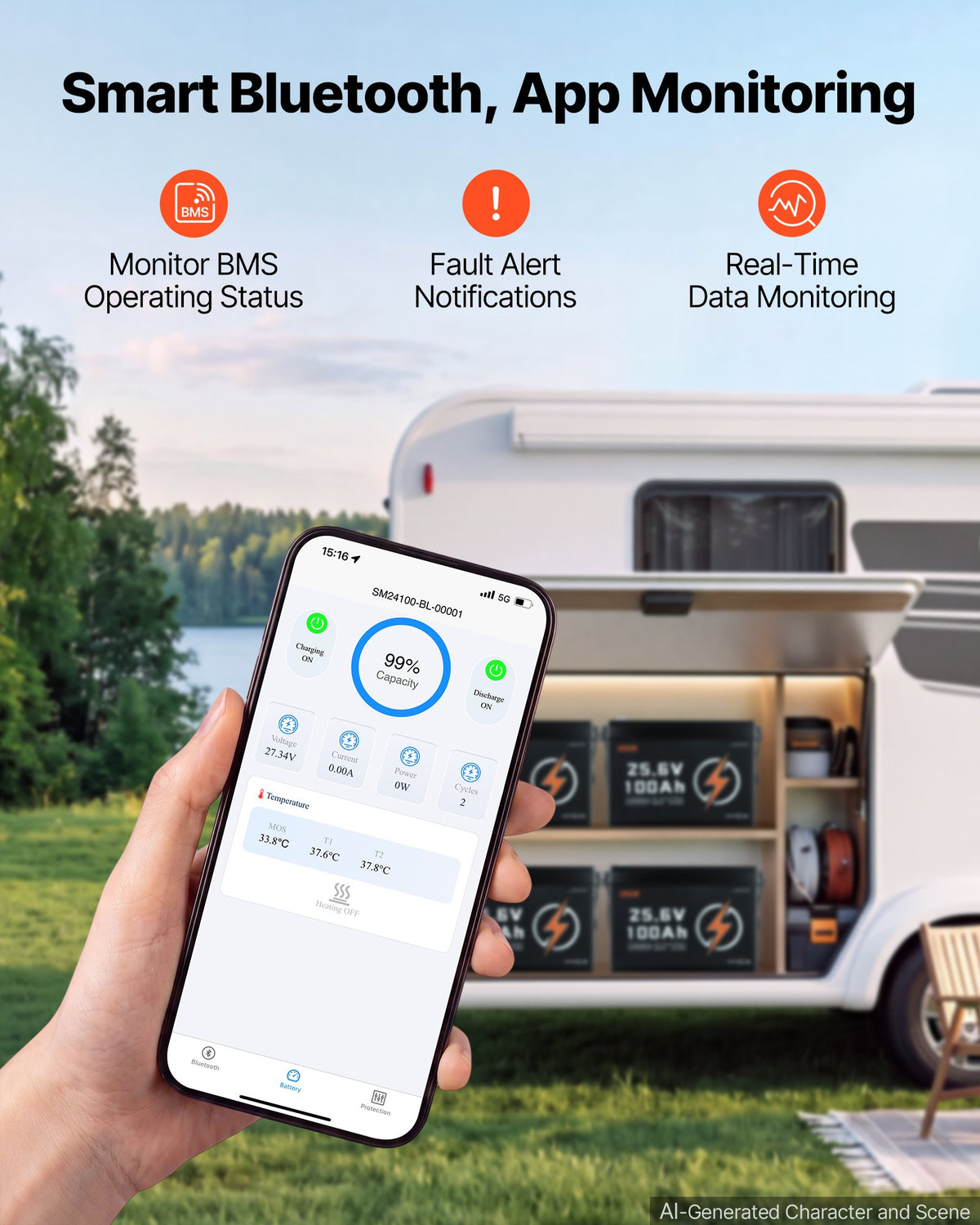 VEVOR 24V 100Ah LiFePO4 Lithium Battery 4000+ Cycles 100A BMS with Bluetooth, 2560Wh Lithium Battery with Low Temperature Protection, Supports 8P2S Connection, for RV, Trolling Motor, Marine, Solar - 24VLDCYLY100MEMJ6001V9 - view 6